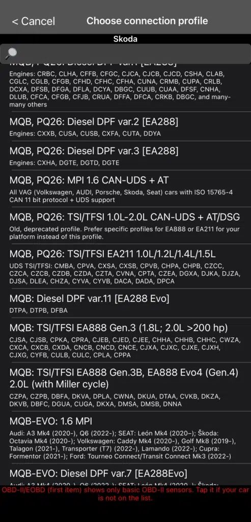 Choosing the correct connection profile improves the number of sensors and live data you can read.