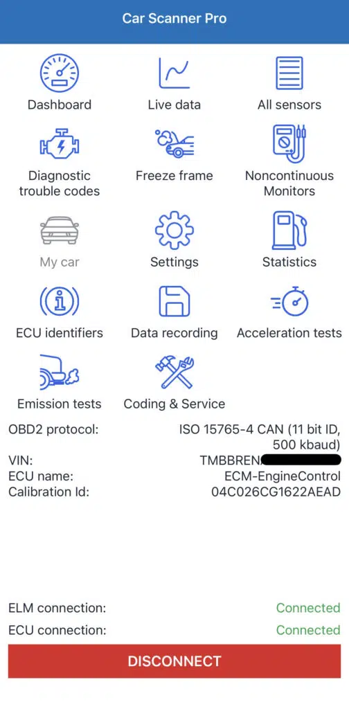 Car Scanner ELM OBD2 app successfully connected to the Skoda Rapid ECU