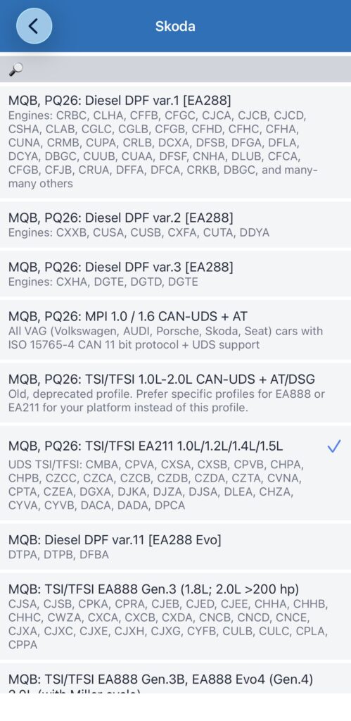 Car Scanner ELM OBD2 Skoda engine profile selection showing MQB PQ26 TSI TFSI EA211 selected for 1.0 TSI engine