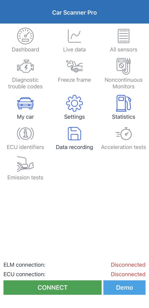 Car Scanner ELM OBD2 app home screen showing Dashboard, Live data, All sensors, DTC and Coding features before connecting to OBD2 adapter