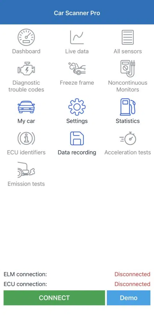 Car Scanner ELM OBD2 app home screen showing Dashboard, Live data, All sensors, DTC and Coding features before connecting to OBD2 adapter