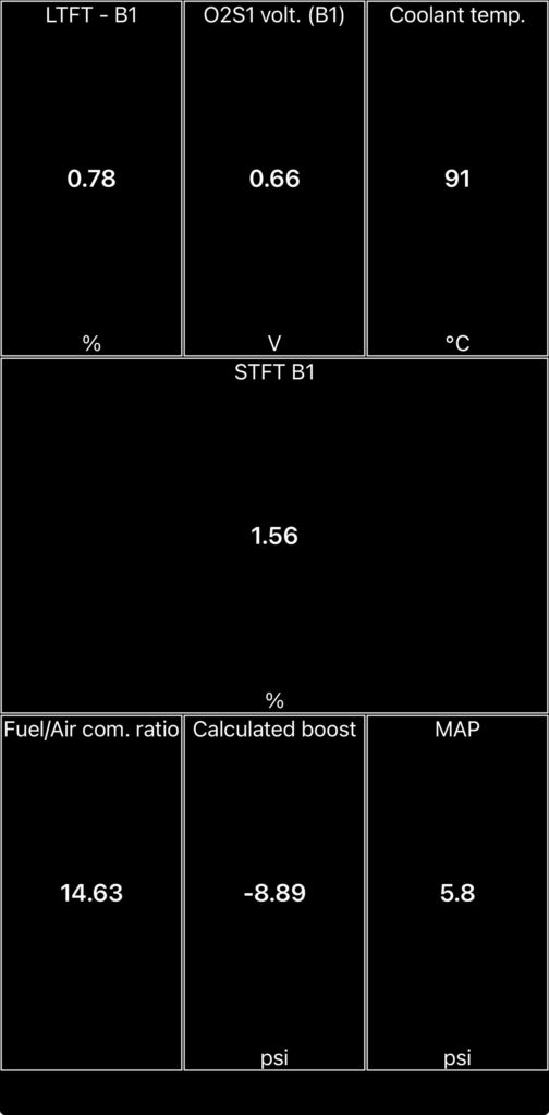 Car Scanner ELM OBD2 live data showing STFT 1.56 percent LTFT 0.78 percent O2S1 voltage 0.66V coolant temperature 91 degrees and calculated boost on Skoda 1.0 TSI
