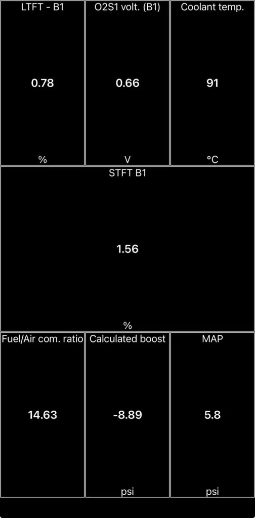 Car Scanner ELM OBD2 live data showing STFT 1.56 percent LTFT 0.78 percent O2S1 voltage 0.66V coolant temperature 91 degrees and calculated boost on Skoda 1.0 TSI