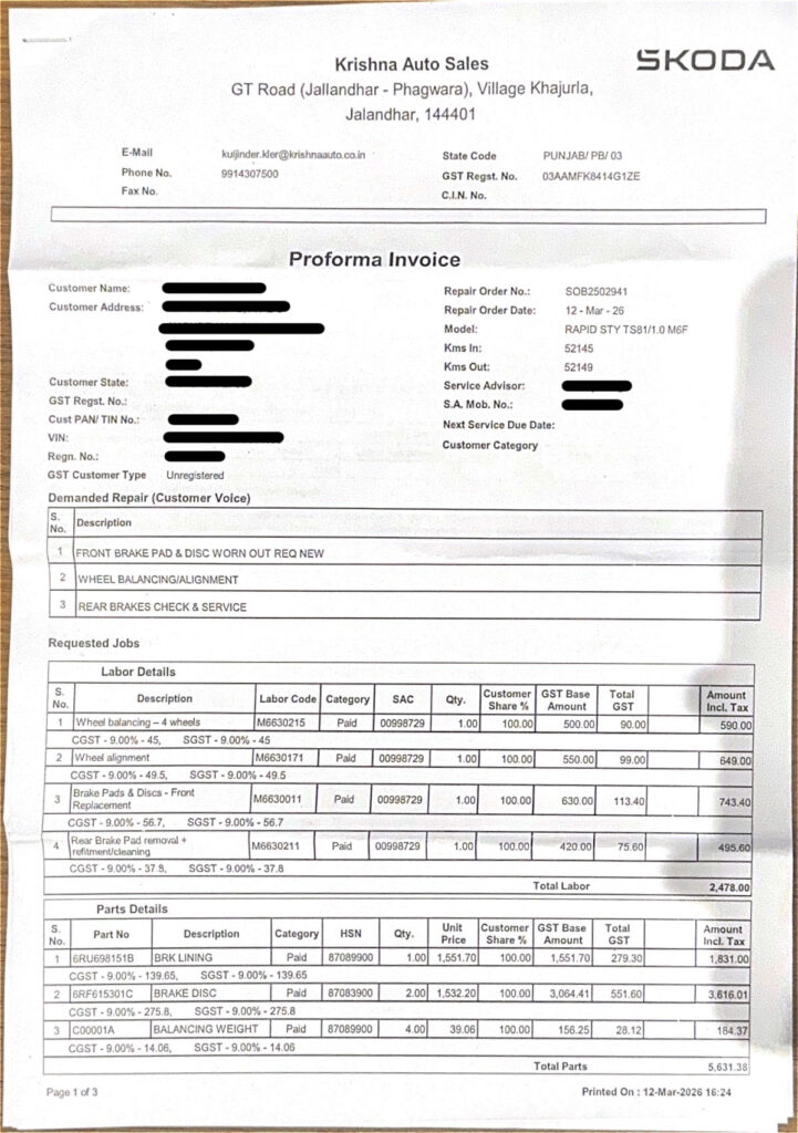 invoice of discs and brake pads from skoda