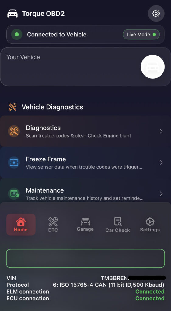 Torque OBD2 connected to vehicle showing VIN ISO 15765-4 CAN protocol ELM and ECU connection confirmed