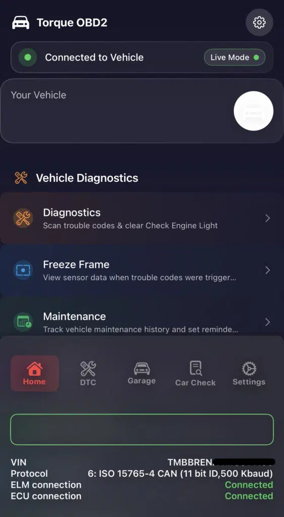 Torque OBD2 connected to vehicle showing VIN ISO 15765-4 CAN protocol ELM and ECU connection confirmed