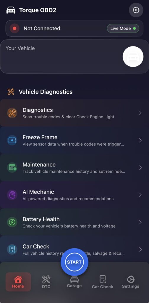 Torque OBD2 app home screen showing Vehicle Diagnostics AI Mechanic Battery Health and Car Check features before connecting