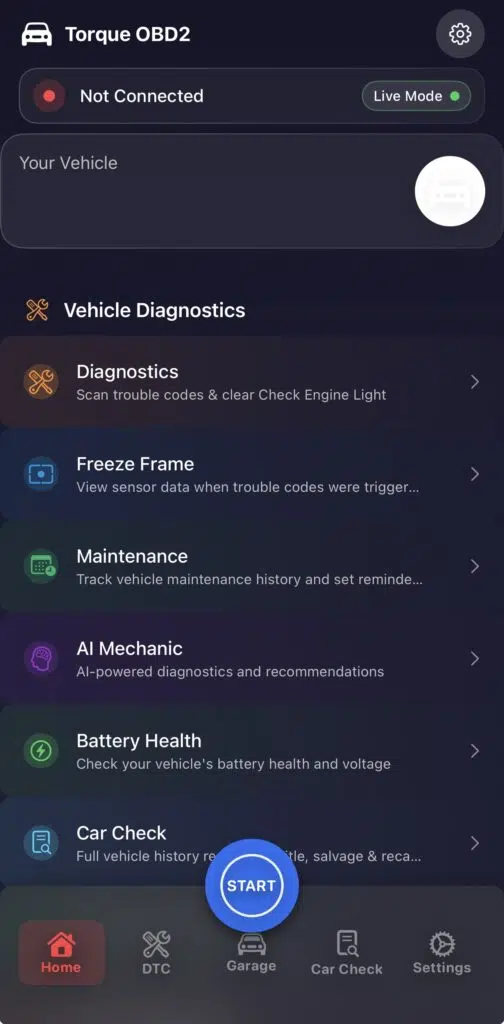 Torque OBD2 app home screen showing Vehicle Diagnostics AI Mechanic Battery Health and Car Check features before connecting