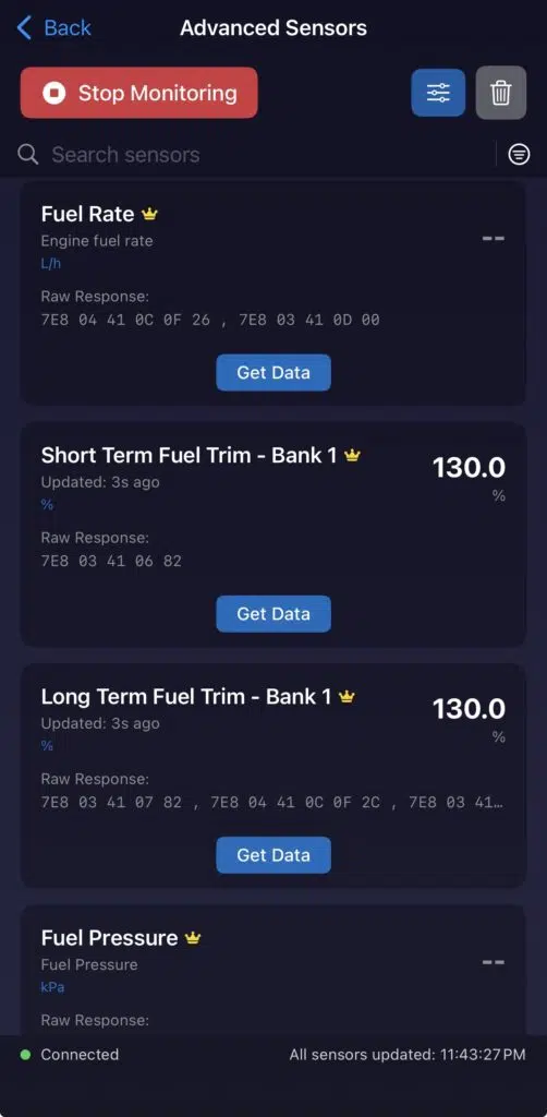 Torque OBD2 app showing STFT and LTFT fuel trim readings on 1.0 TSI
