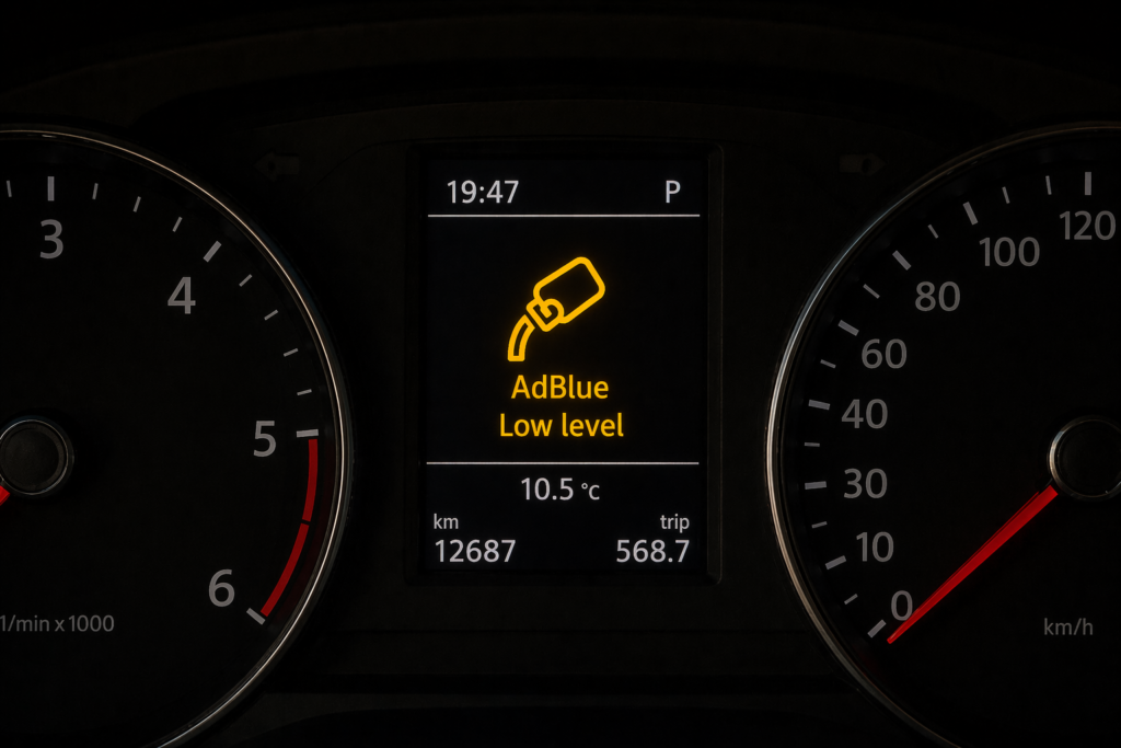 AdBlue warning light illuminated on diesel car dashboard