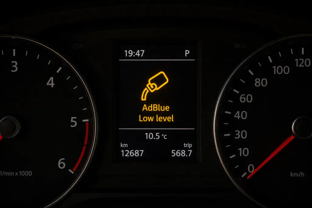AdBlue warning light illuminated on diesel car dashboard