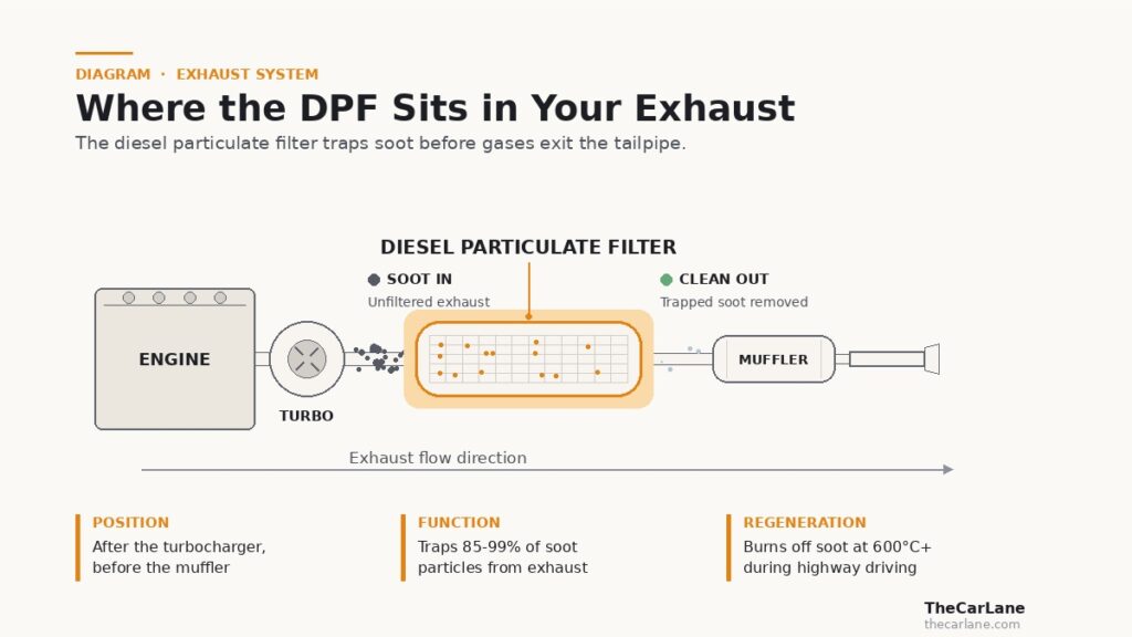 Diagram showing diesel particulate filter location between the turbocharger and muffler in the exhaust system