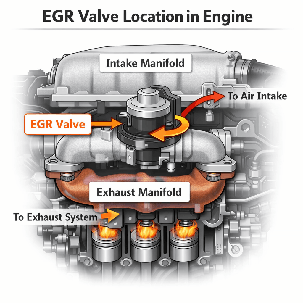 EGR valve location on a typical diesel engine — usually mounted near the intake manifold.