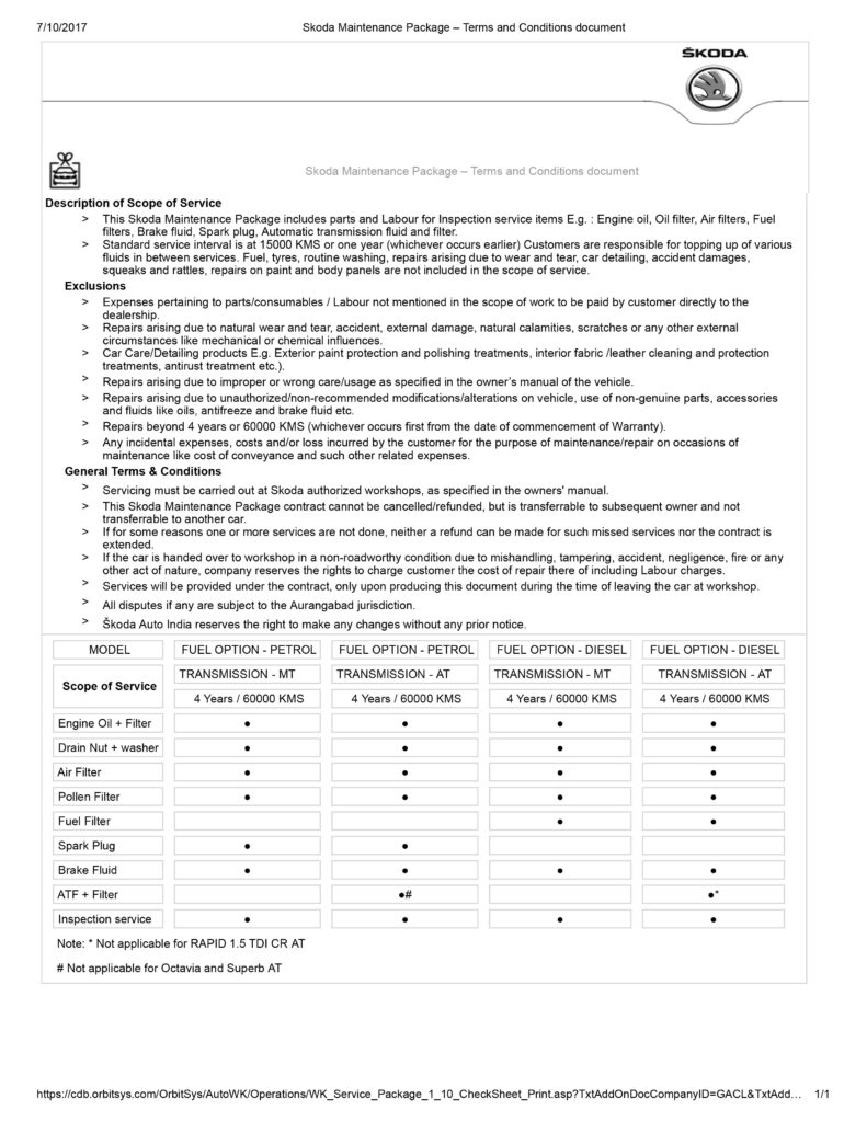 Skoda Service Package PDF showing 4-year coverage for petrol manual Rapid 1.0 TSI