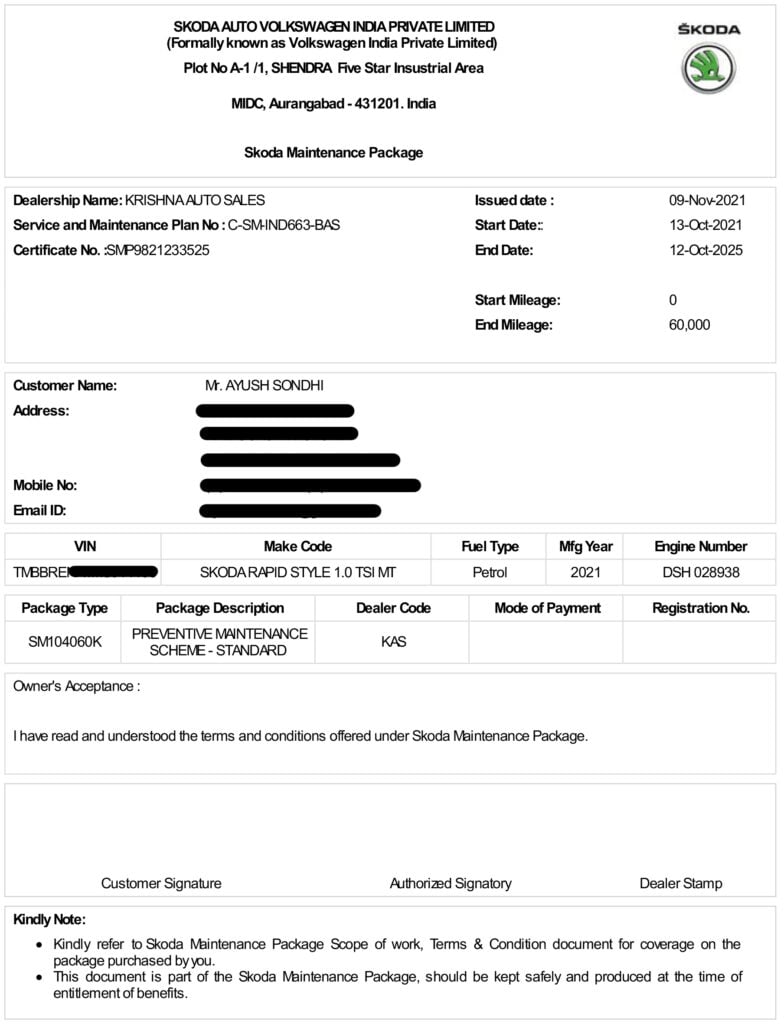 Skoda Maintenance Package purchase receipt from 2021 showing proof of purchase for Skoda Rapid 1.0 TSI
