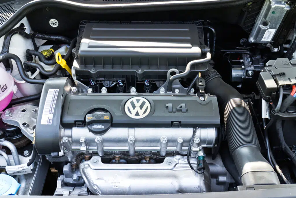 Volkswagen 1.4 TSI EA111 engine showing the timing chain end of the cylinder block
