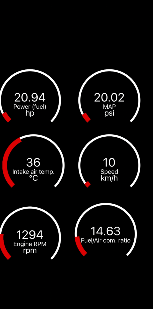 Live data from the Vgate iCar Pro in Car Scanner showing intake air temp, O2 afr, boost and MAP on a Skoda Rapid 1.0 TSI at warm idle