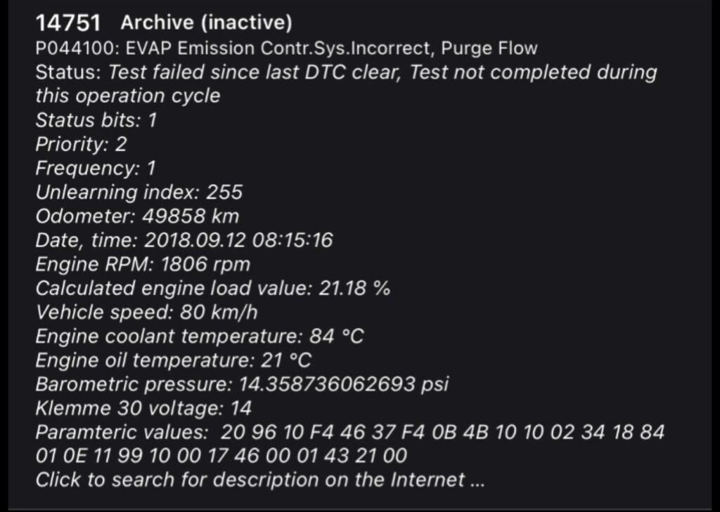 Car Scanner ELM app showing P044100 stored as an inactive fault on a Skoda Rapid 1.0 TSI, freeze frame logged in 2018.