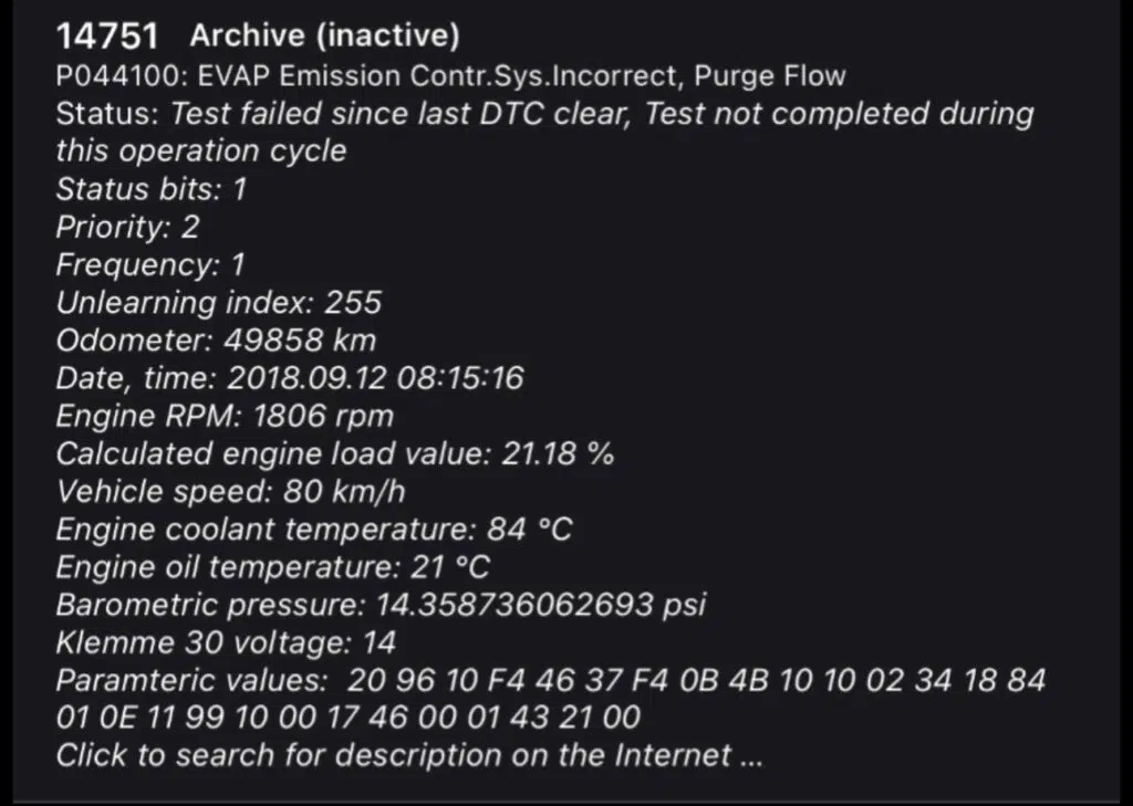 Car Scanner ELM app showing P044100 stored as an inactive fault on a Skoda Rapid 1.0 TSI, freeze frame logged in 2018.