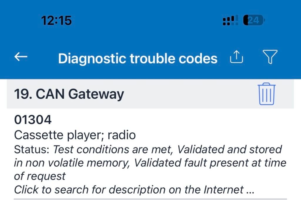 fault code 01304 CAN Gateway stored on Skoda Rapid OBD2 scanner
