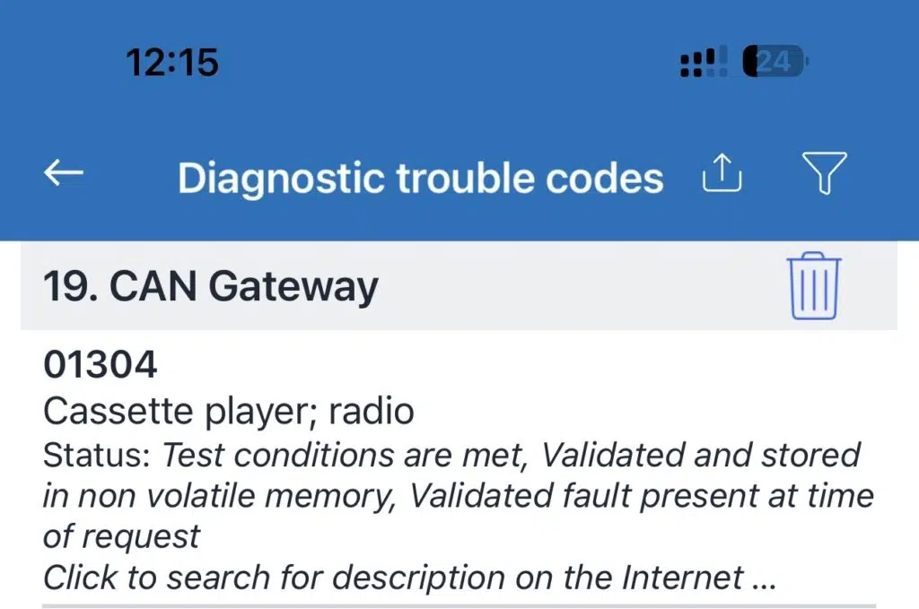 fault code 01304 CAN Gateway stored on Skoda Rapid OBD2 scanner
