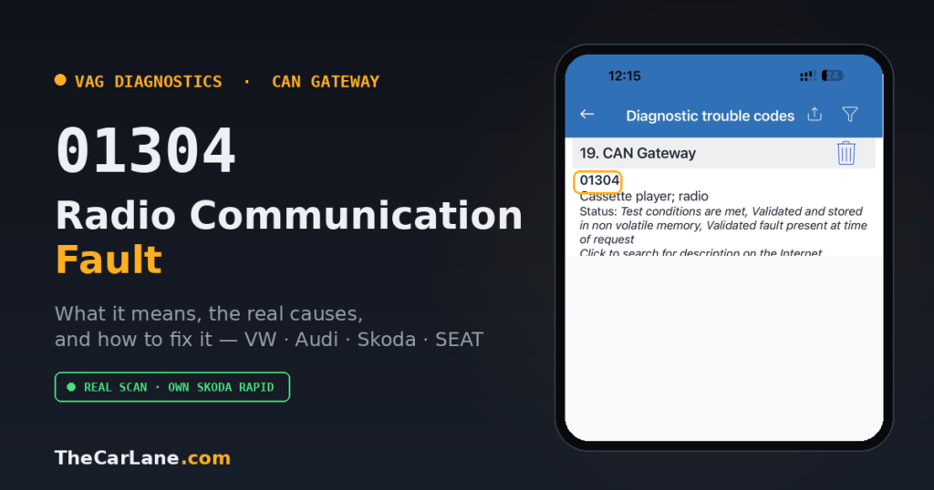 VAG fault code 01304 displayed on an OBD2 scanner