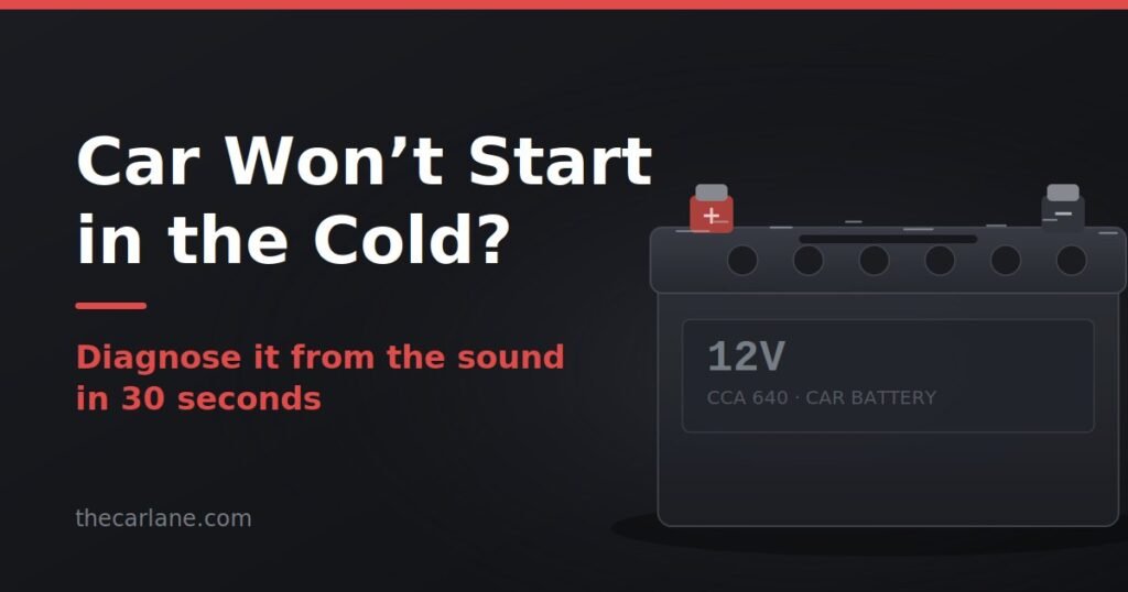 Car battery illustration with frost in cold weather, next to the title Car Won't Start in the Cold, diagnose it from the sound in 30 seconds