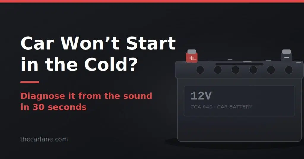 Car battery illustration with frost in cold weather, next to the title Car Won't Start in the Cold, diagnose it from the sound in 30 seconds