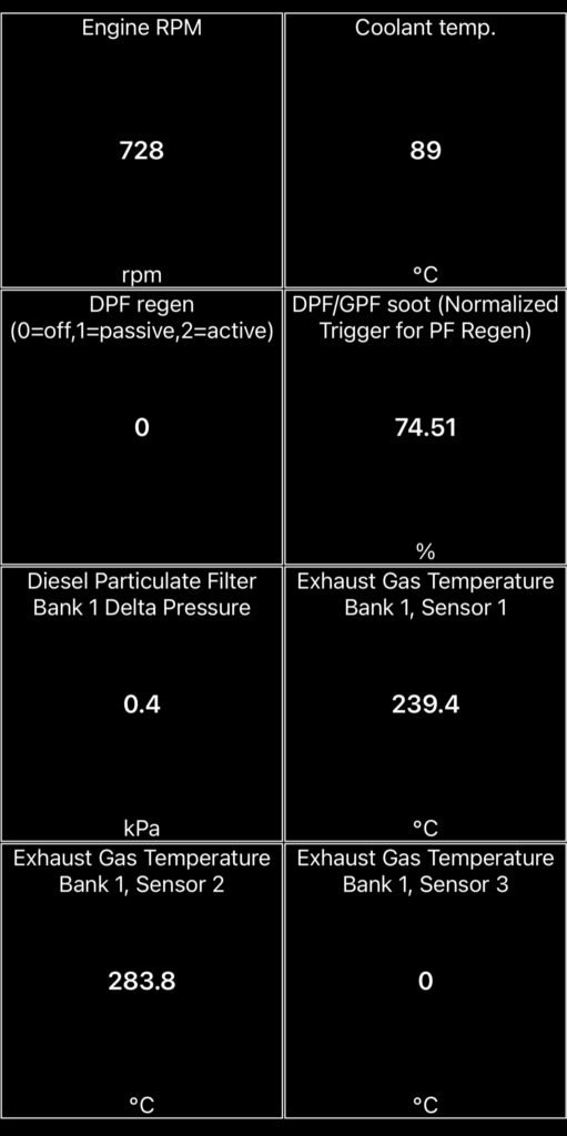 DPF live data at warm idle showing 74.51% soot, 0.4 kPa delta pressure and regeneration status 0 on a diesel BMW X5