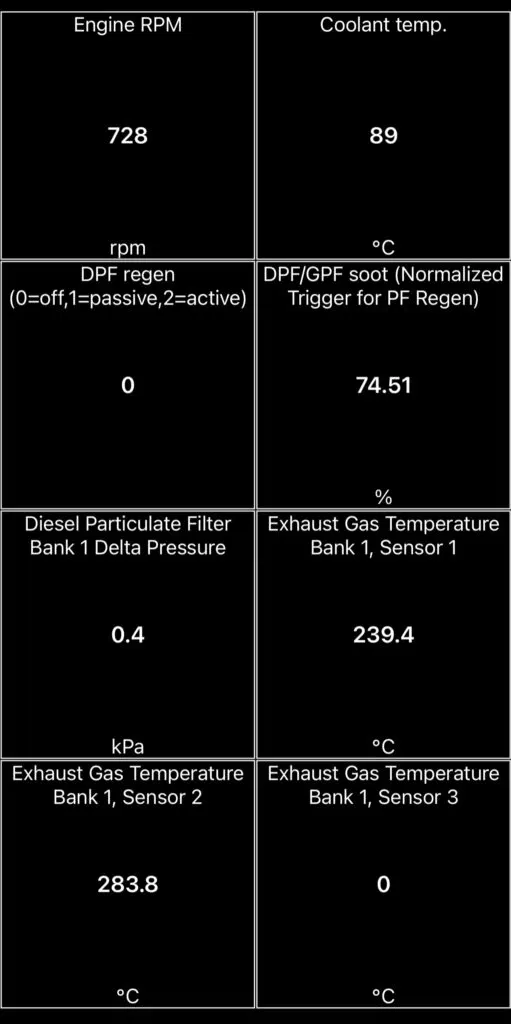 DPF live data at warm idle showing 74.51% soot, 0.4 kPa delta pressure and regeneration status 0 on a diesel BMW X5