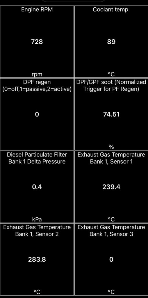Car Scanner app showing DPF soot load at 74.51 percent and differential pressure at 0.4 kPa at idle