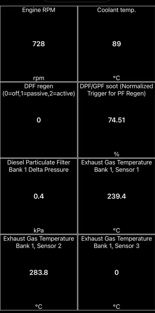 Car Scanner app showing DPF soot load at 74.51 percent and differential pressure at 0.4 kPa at idle