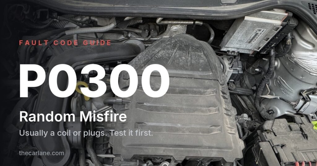 P0300 fault code guide featured image on a 1.0 TSI engine bay, usually a coil or spark plugs