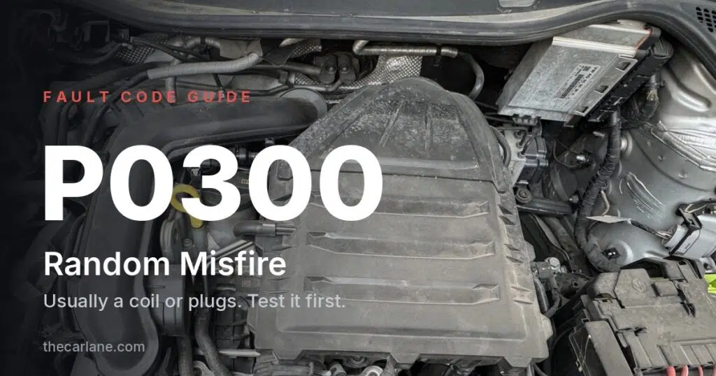 P0300 fault code guide featured image on a 1.0 TSI engine bay, usually a coil or spark plugs