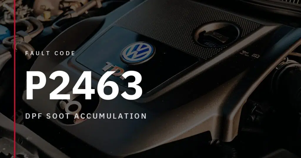 P2463 fault code, DPF soot accumulation, shown over a VW TDI diesel engine bay