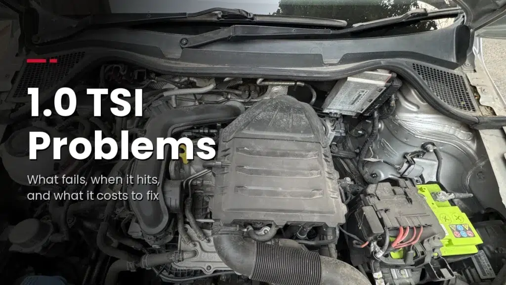 Engine bay of a Skoda Rapid 1.0 TSI with the bonnet open and the words 1.0 TSI Problems over it.