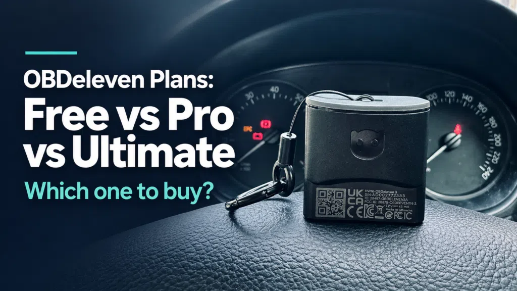 OBDeleven device on a Skoda Rapid steering wheel beside the text “OBDeleven Plans: Free vs Pro vs Ultimate — Which one to buy?”