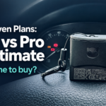OBDeleven device on a Skoda Rapid steering wheel beside the text “OBDeleven Plans: Free vs Pro vs Ultimate — Which one to buy?”