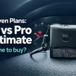 OBDeleven device on a Skoda Rapid steering wheel beside the text “OBDeleven Plans: Free vs Pro vs Ultimate — Which one to buy?”