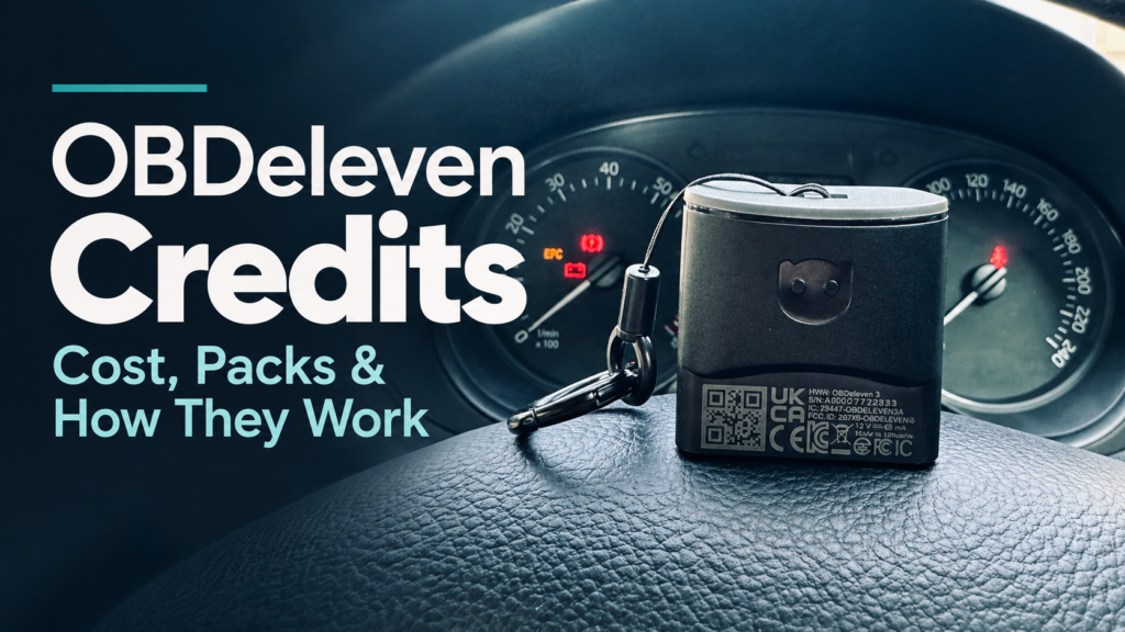 OBDeleven device on a Skoda Rapid steering wheel beside the text “OBDeleven Credits — Cost, Packs & How They Work.”
