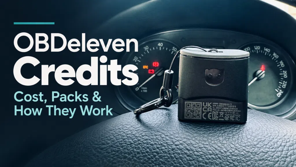 OBDeleven device on a Skoda Rapid steering wheel beside the text “OBDeleven Credits — Cost, Packs & How They Work.”
