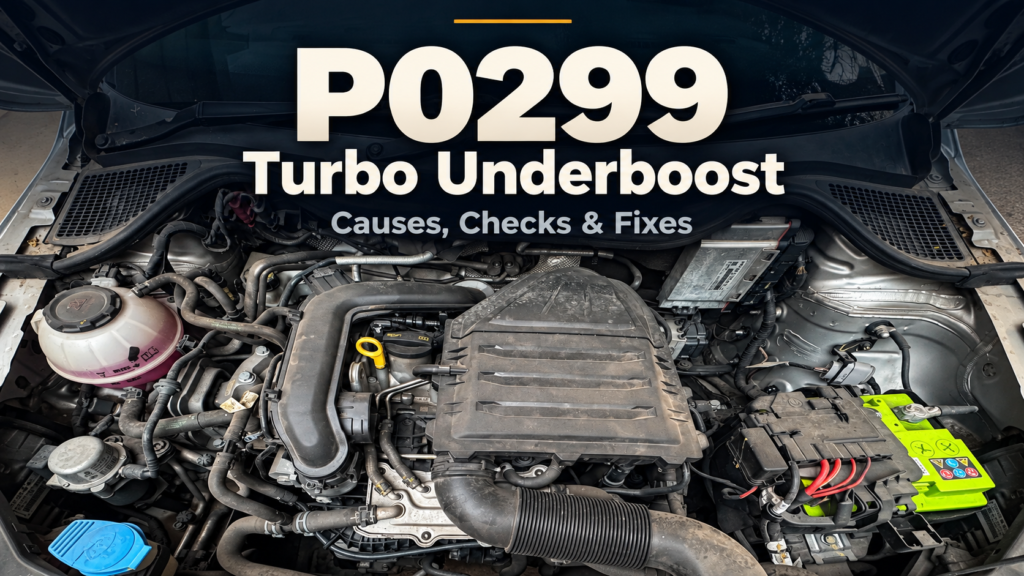 Engine bay of a Skoda Rapid 1.0 TSI with the title P0299 Turbo Underboost: Causes, Checks and Fixes