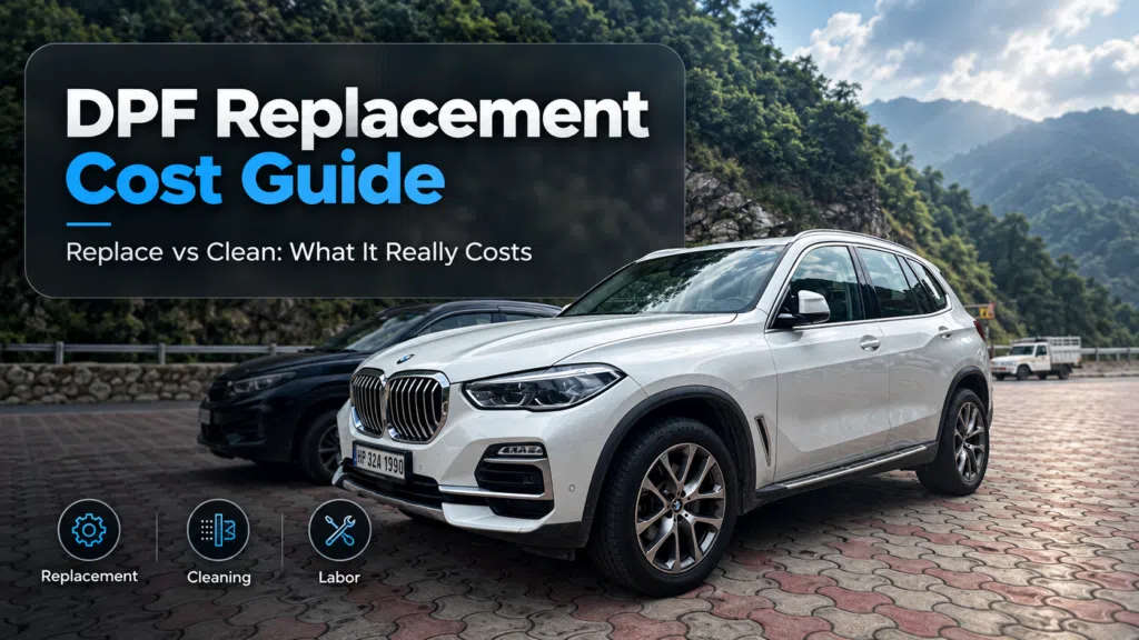 White BMW X5 diesel parked below a rock face with the title DPF Replacement Cost Guide, Clean vs Replace