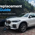 White BMW X5 diesel parked below a rock face with the title DPF Replacement Cost Guide, Clean vs Replace