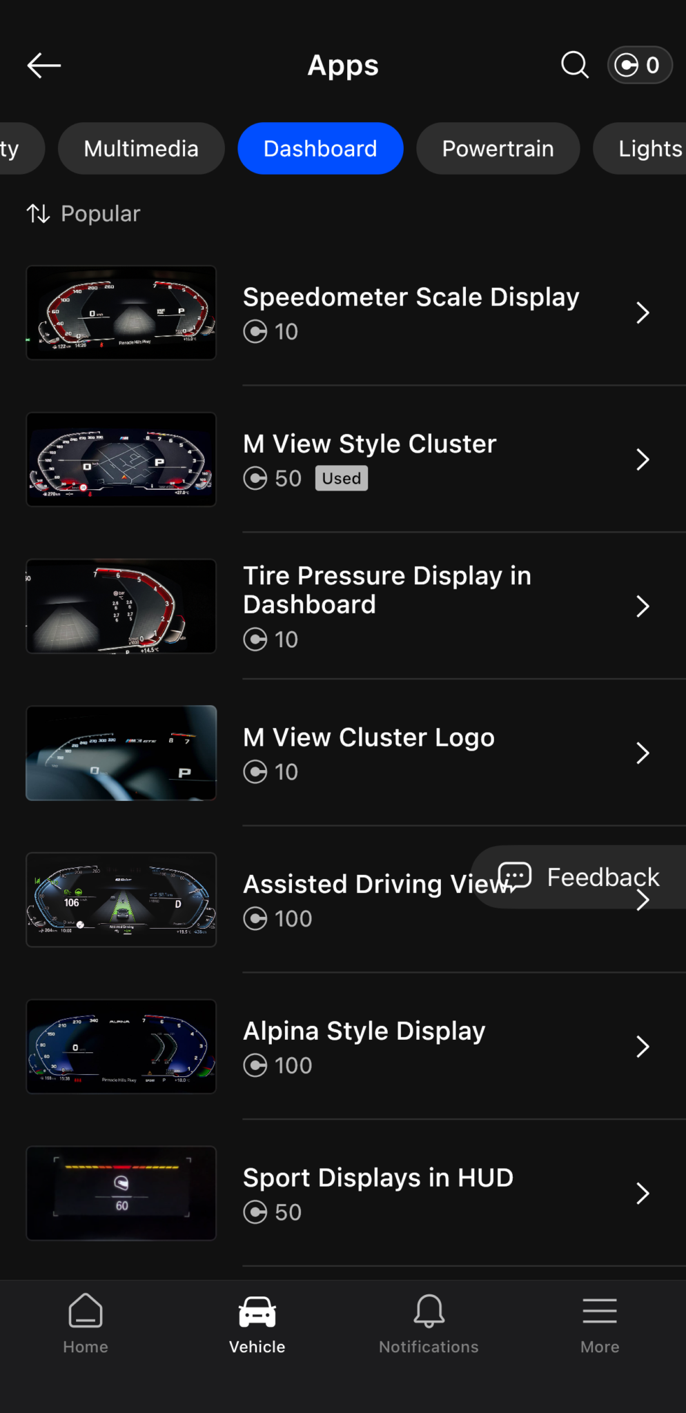 OBDeleven Dashboard One-Click Apps for a 2020 BMW X5 with M View Style Cluster marked Used