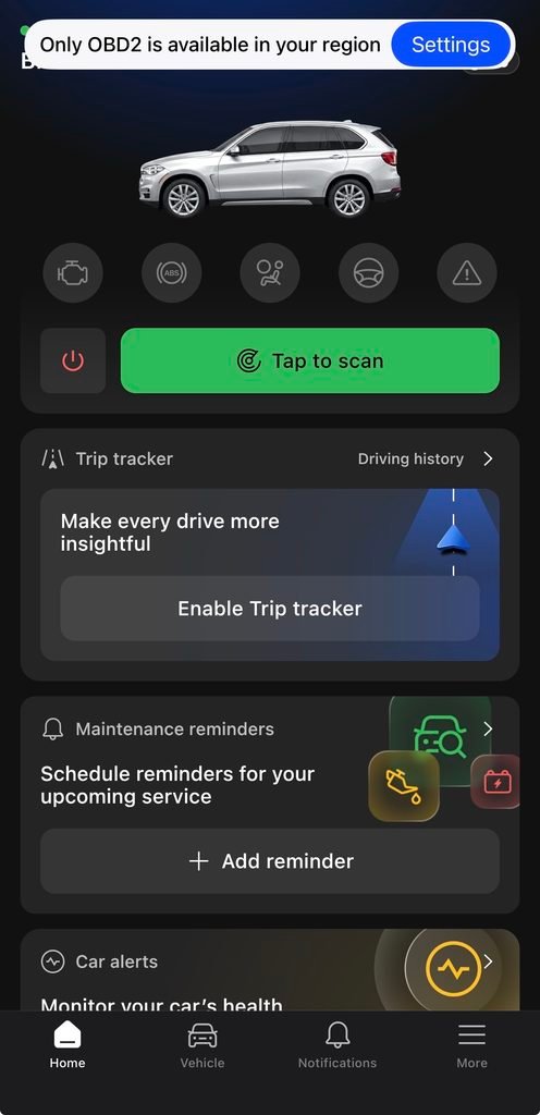 OBDeleven app on a 2020 BMW X5 in India showing the "Only OBD2 is available in your region" notice
