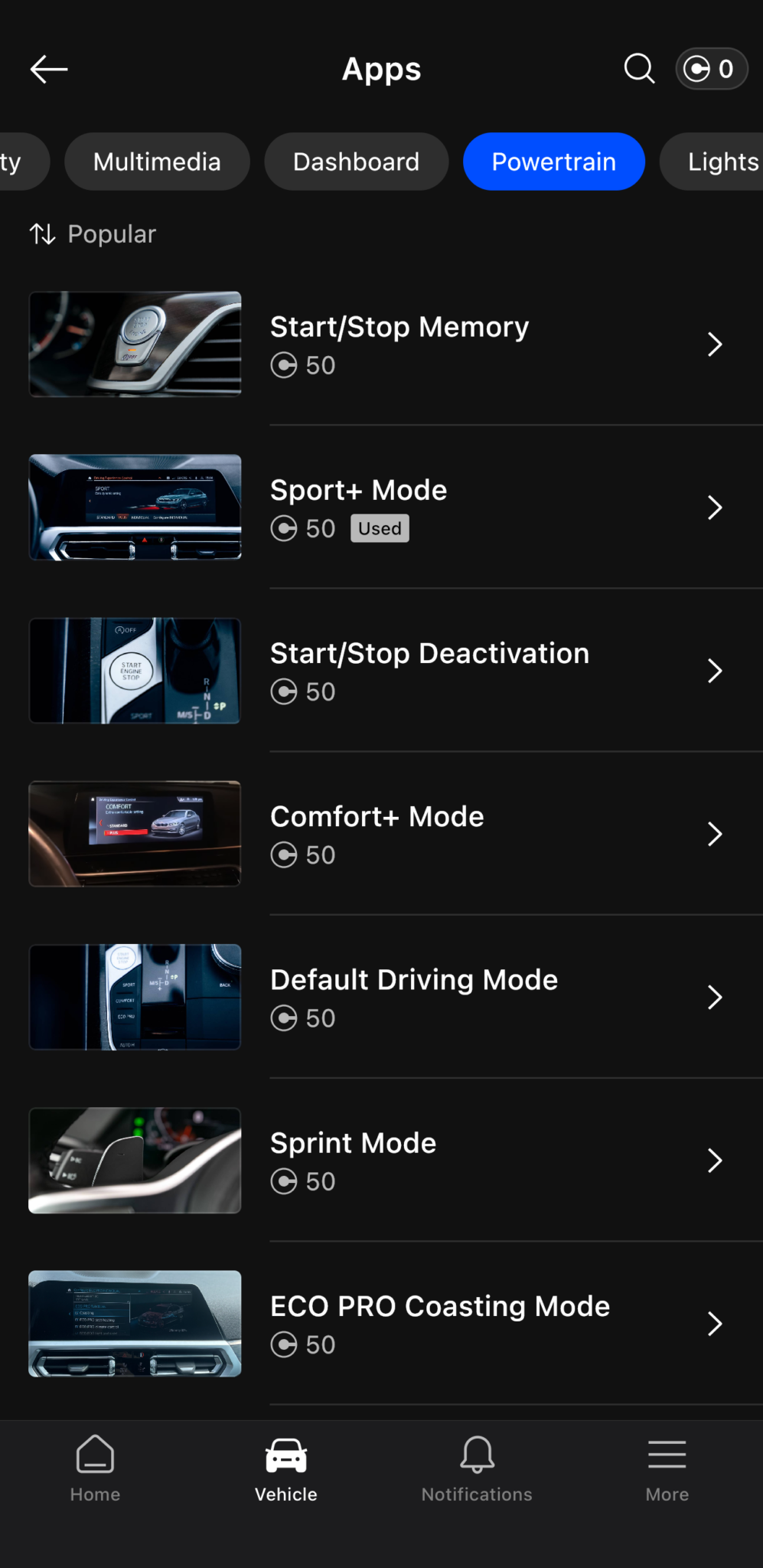 OBDeleven Powertrain One-Click Apps for a 2020 BMW X5 with Sport+ Mode marked Used