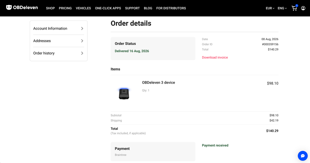 OBDeleven 3 order details from obdeleven.com showing the device at $98.10, $42.19 DHL shipping and a $140.29 total, delivered 16 August 2026