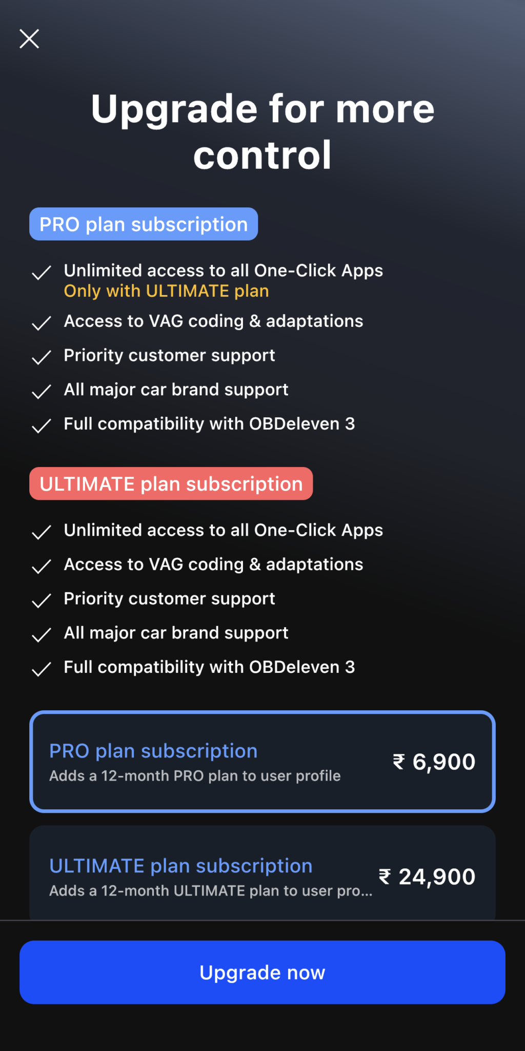 OBDeleven upgrade screen showing PRO at ₹6,900 and ULTIMATE at ₹24,900 per year in India
