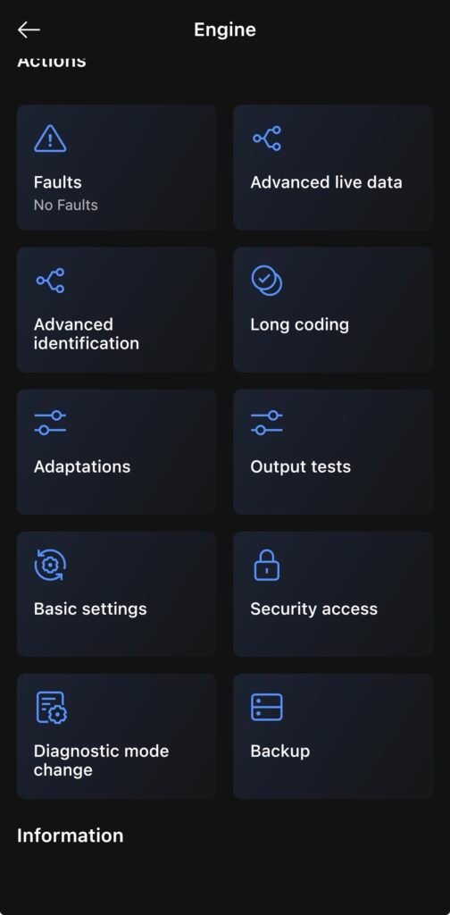 OBDeleven engine module on a 2021 Skoda Rapid showing No Faults, Advanced live data, Advanced identification, Long coding, Adaptations, Output tests, Basic settings, Security access and Backup